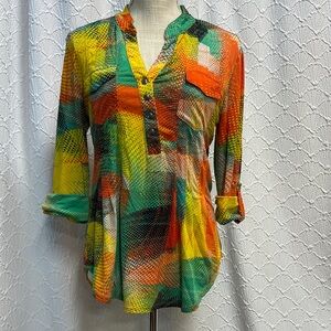 New Directions size medium Multicolor Abstract Blouse vibrant convertible sleeve